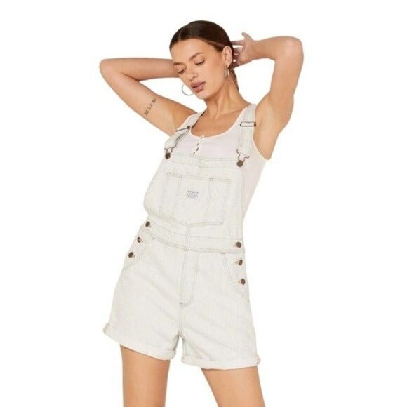 LEVI’S Striped Light Wash Denim Shortalls Size XL NEW - Picture 1 of 11